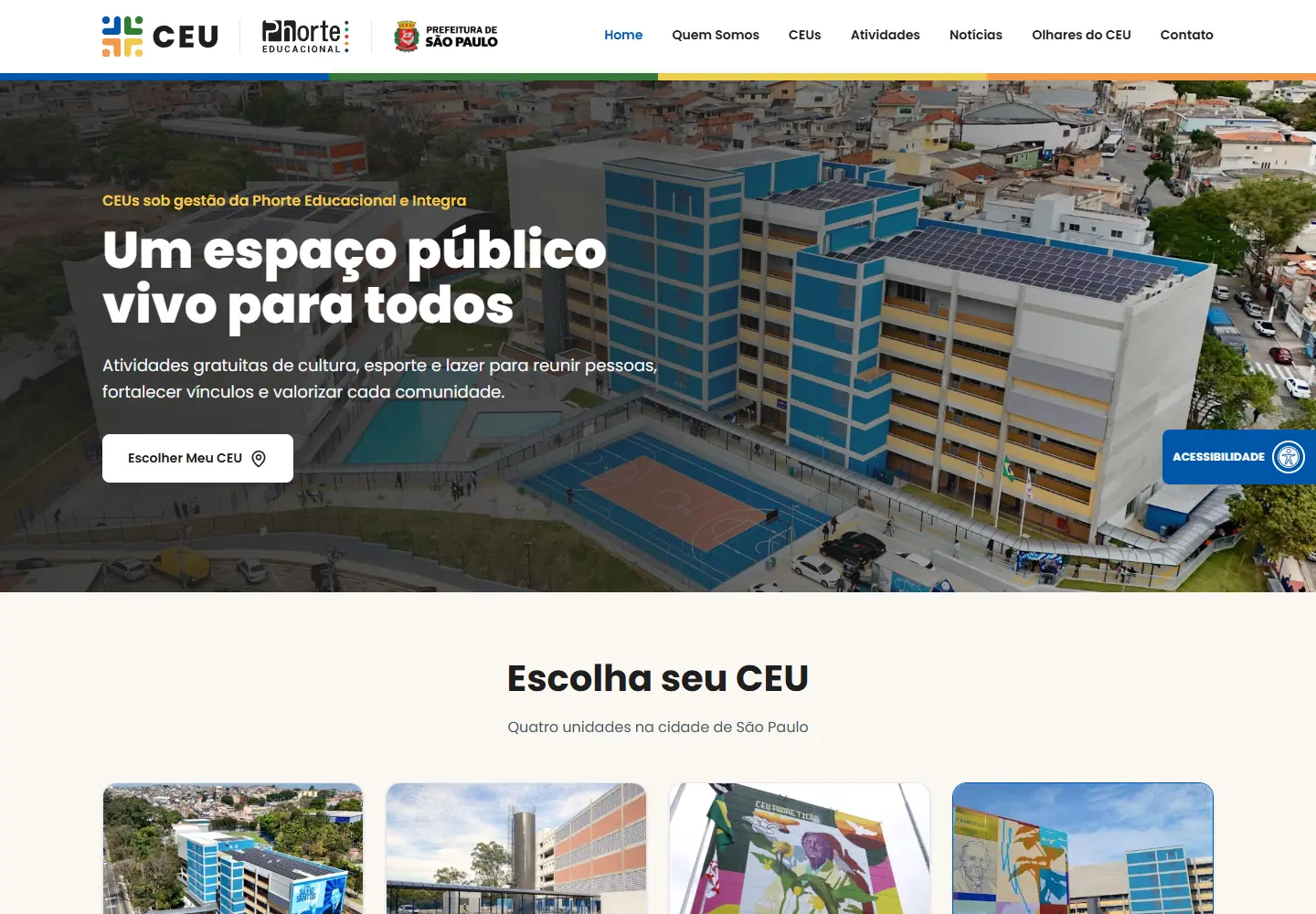 Home do Projeto CEU com apresentação institucional e escolha de unidade
