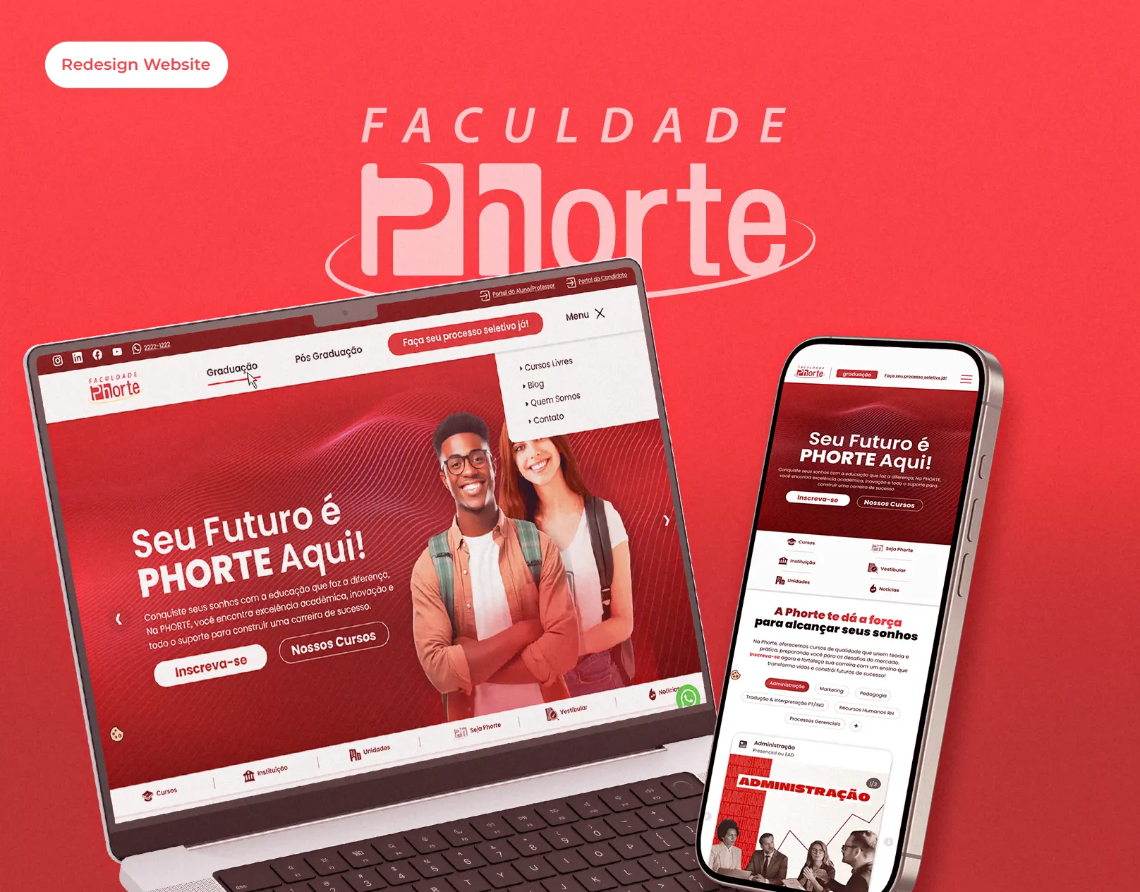 Redesign da Faculdade Phorte apresentado em um notebook e um celular